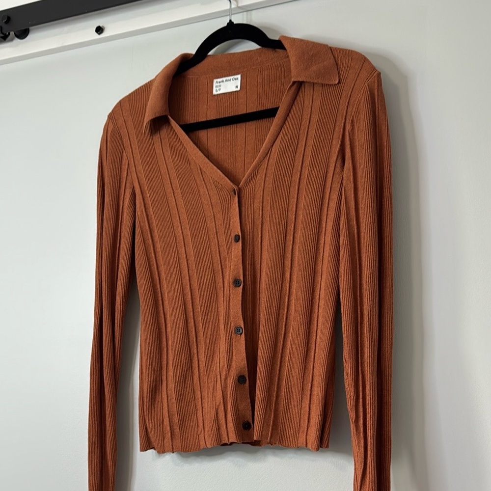 Frank & Oak | Rust Brown Ribbed Button-Up Cardigan | S
